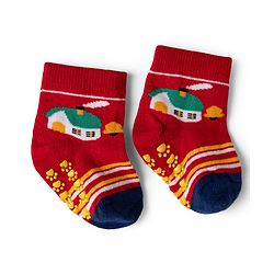 Cute Walk by Babyhug Cotton Knit Anti-bacterial Anti-skid Ankle Length Striped Socks With Animal Design Pack of 3 - Yellow & Red