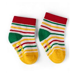 Cute Walk by Babyhug Cotton Knit Anti-bacterial Anti-skid Ankle Length Striped Socks With Animal Design Pack of 3 - Yellow & Red