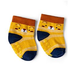 Cute Walk by Babyhug Cotton Knit Anti-bacterial Anti-skid Ankle Length Striped Socks With Animal Design Pack of 3 - Yellow & Red