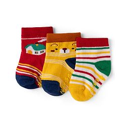 Cute Walk by Babyhug Cotton Knit Anti-bacterial Anti-skid Ankle Length Striped Socks With Animal Design Pack of 3 - Yellow & Red