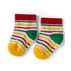 Cute Walk by Babyhug Cotton Knit Anti-bacterial Anti-skid Ankle Length Striped Socks With Animal Design Pack of 3 - Yellow & Red