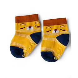 Cute Walk by Babyhug Cotton Knit Anti-bacterial Anti-skid Ankle Length Striped Socks With Animal Design Pack of 3 - Yellow & Red