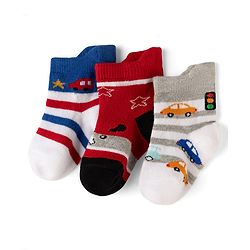 Cute Walk by Babyhug Cotton Knit Anti-bacterial Anti-skid Ankle Length Striped Socks With Animal & Star Design Pack of 3 - Grey, Red & White