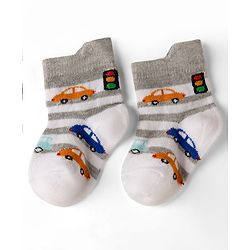 Cute Walk by Babyhug Cotton Knit Anti-bacterial Anti-skid Ankle Length Striped Socks With Animal & Star Design Pack of 3 - Grey, Red & White