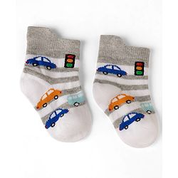 Cute Walk by Babyhug Cotton Knit Anti-bacterial Anti-skid Ankle Length Striped Socks With Animal & Star Design Pack of 3 - Grey, Red & White