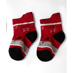 Cute Walk by Babyhug Cotton Knit Anti-bacterial Anti-skid Ankle Length Striped Socks With Animal & Star Design Pack of 3 - Grey, Red & White