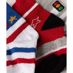 Cute Walk by Babyhug Cotton Knit Anti-bacterial Anti-skid Ankle Length Striped Socks With Animal & Star Design Pack of 3 - Grey, Red & White