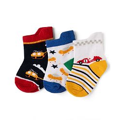 Cute Walk by Babyhug Cotton Knit Anti-bacterial Anti-skid Ankle Length Striped Socks With Animal & Star Design Pack of 3 - Red, Yellow & White