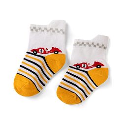 Cute Walk by Babyhug Cotton Knit Anti-bacterial Anti-skid Ankle Length Striped Socks With Animal & Star Design Pack of 3 - Red, Yellow & White