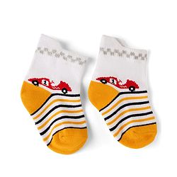 Cute Walk by Babyhug Cotton Knit Anti-bacterial Anti-skid Ankle Length Striped Socks With Animal & Star Design Pack of 3 - Red, Yellow & White