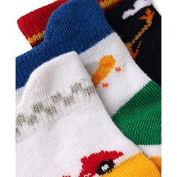 Cute Walk by Babyhug Cotton Knit Anti-bacterial Anti-skid Ankle Length Striped Socks With Animal & Star Design Pack of 3 - Red, Yellow & White