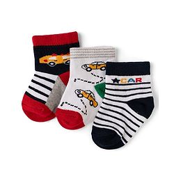 Cute Walk by Babyhug Cotton Knit Anti-bacterial Anti-skid Ankle Length Striped Socks With Animal Design Pack of 3 - Grey, Black & White