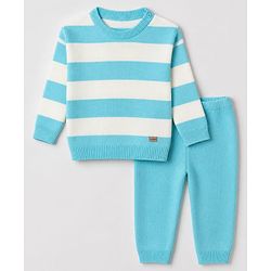 Babyhug Knit Full Sleeves Sweater Set With Striped Design - Blue