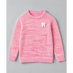 Babyhug Knit Sweater Sets with Full Sleeves and Bow Applique in Coral for 12-18 Months