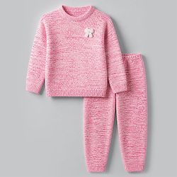 Babyhug Knit Sweater Sets with Full Sleeves and Bow Applique in Coral for 12-18 Months