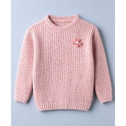 Babyhug Knit Full Sleeves Hooded Solid Sweater Set With Flower Applique - Pink