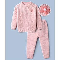 Babyhug Knit Full Sleeves Hooded Solid Sweater Set With Flower Applique - Pink