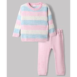 Babyhug Knit Full Sleeves Sweater Set with Stripe Design - Pink