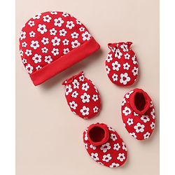 Babyhug 100% Cotton Interlock Knit Cap, Mitten & Booties with Floral Print Read - Diameter 10.5 cm