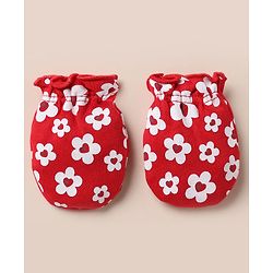 Babyhug 100% Cotton Interlock Knit Cap, Mitten & Booties with Floral Print Read - Diameter 10.5 cm