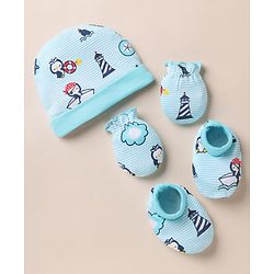 Babyhug 100% Cotton Interlock Knit Cap, Mitten & Booties with Peguin, Pirate & Light House Light Blue - Diameter 10.5 cm
