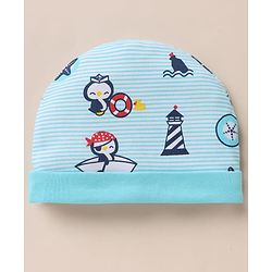 Babyhug 100% Cotton Interlock Knit Cap, Mitten & Booties with Peguin, Pirate & Light House Light Blue - Diameter 10.5 cm