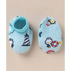 Babyhug 100% Cotton Interlock Knit Cap, Mitten & Booties with Peguin, Pirate & Light House Light Blue - Diameter 10.5 cm