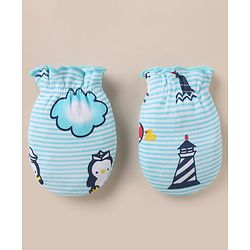 Babyhug 100% Cotton Interlock Knit Cap, Mitten & Booties with Peguin, Pirate & Light House Light Blue - Diameter 10.5 cm