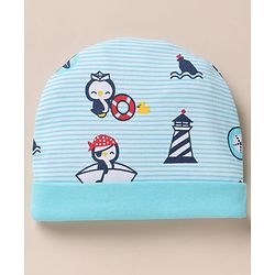 Babyhug 100% Cotton Interlock Knit Cap, Mitten & Booties with Peguin, Pirate & Light House Light Blue - Diameter 10.5 cm