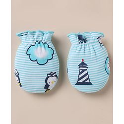 Babyhug 100% Cotton Interlock Knit Cap, Mitten & Booties with Peguin, Pirate & Light House Light Blue - Diameter 10.5 cm