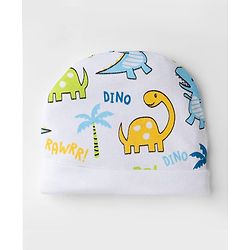 Babyhug 100% Cotton Interlock Knit Cap Mittens & Booties With Animal & Beach Theme Print Blue - Diameter 14 cm