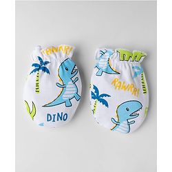Babyhug 100% Cotton Interlock Knit Cap Mittens & Booties With Animal & Beach Theme Print Blue - Diameter 14 cm