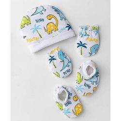 Babyhug 100% Cotton Interlock Knit Cap Mittens & Booties With Animal & Beach Theme Print Blue - Diameter 14 cm