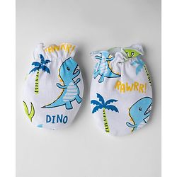 Babyhug 100% Cotton Interlock Knit Cap Mittens & Booties With Animal & Beach Theme Print Blue - Diameter 14 cm