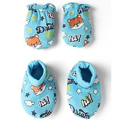 Babyhug 100% Cotton Interlock Knit Mittens & Booties with Tiger & Star Print - Blue