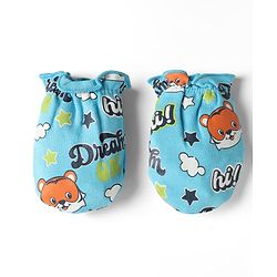 Babyhug 100% Cotton Interlock Knit Mittens & Booties with Tiger & Star Print - Blue