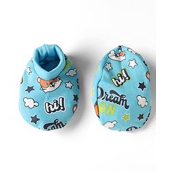 Babyhug 100% Cotton Interlock Knit Mittens & Booties with Tiger & Star Print - Blue