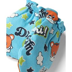 Babyhug 100% Cotton Interlock Knit Mittens & Booties with Tiger & Star Print - Blue