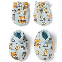 Babyhug 100% Cotton Interlock Knit Mittens & Booties with Bear Raccoon Squirrel Fox Print - Light Blue