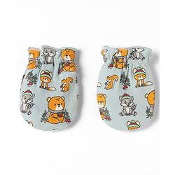 Babyhug 100% Cotton Interlock Knit Mittens & Booties with Bear Raccoon Squirrel Fox Print - Light Blue