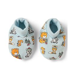 Babyhug 100% Cotton Interlock Knit Mittens & Booties with Bear Raccoon Squirrel Fox Print - Light Blue