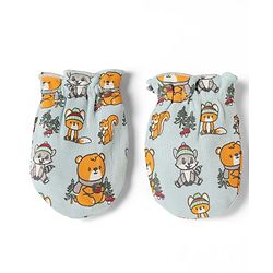 Babyhug 100% Cotton Interlock Knit Mittens & Booties with Bear Raccoon Squirrel Fox Print - Light Blue
