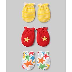 Babyhug 100% Cotton Interlock Knit Striped Mittens With Star Print Pack of 3 - Yellow Red White