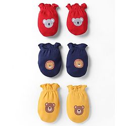 Babyhug 100% Cotton Interlock Mittens with Bear & Lion Print in Red Blue & Yellow Pack of 3 - Diameter 8 cm