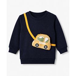 Babyhug 100% Cotton Knit Sweatshirt with Full Sleeves and Car Applique in Navy Blue