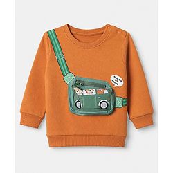 Babyhug 100% Cotton Knit Heavy Gauge Sweatshirt with Full Sleeves and Bag Print in Rust Orange