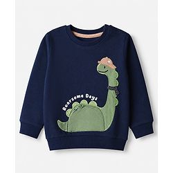 Babyhug 100% Cotton Knit Full Sleeves Heavy Gauge Sweatshirt with Dinosaur Embroidery - Navy Blue