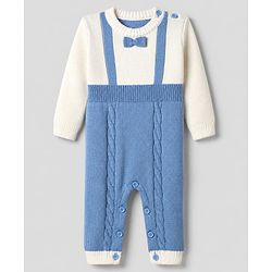 Babyhug Knit Full Sleeves Winter Wear Romper With Bow Applique - Blue