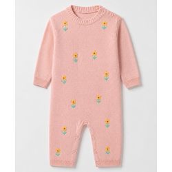 Babyhug Knit Romper with Full Sleeves and Flower Embroidery - Pink