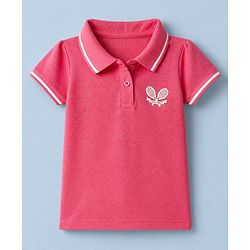 Babyhug Cotton Blend Knit Polo T-Shirt with Half Sleeves and Tennis Rackets Patch - Dark Pink